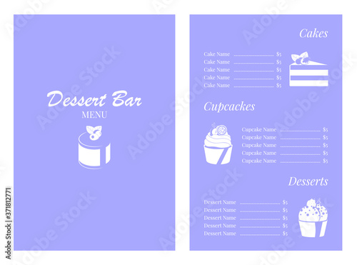 Vector restaurant menu designed in flat style for dessert bar, monochrome