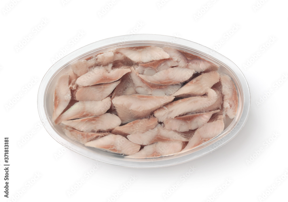 Top view of pickled herring in plastic container Top view of pickled herring in plastic container