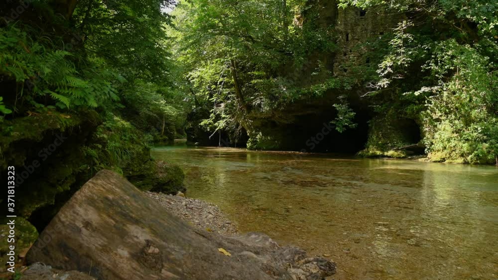 Calm narrow Kokra river flowing through glacial canyon in Slovenia. Calm stream water in amazing nature. Small old abandoned fortress above water surface. Bright sunny summer day. Static, 4k Calm narrow Kokra river flowing through glacial canyon in Slovenia. Calm stream water in amazing nature. Small old abandoned fortress above water surface. Bright sunny summer day. Static, 4k