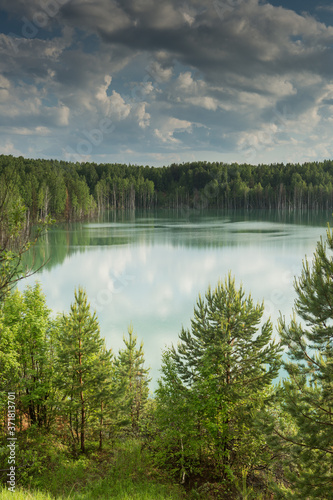 Fototapeta Naklejka Na Ścianę i Meble -  forest lake landscape. View of the blue lake forest