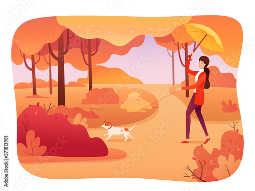 Girl walking dog in park flat vector illustration