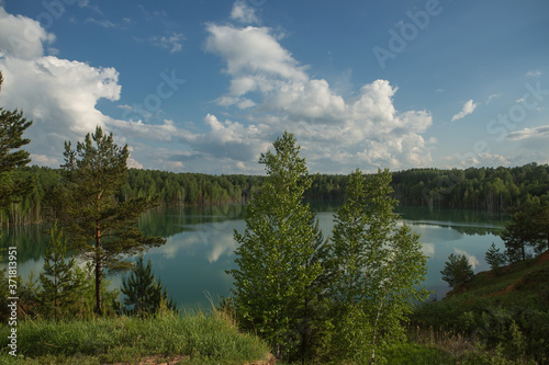 forest lake landscape. View of the blue lake forest