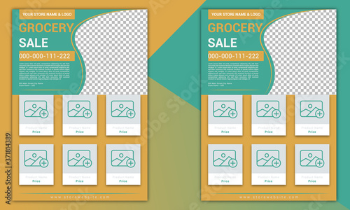 Groceries flyer template layout. Environment protection print design with illustrations. 