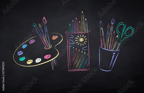 Chalk drawn illustration set of artists supplies