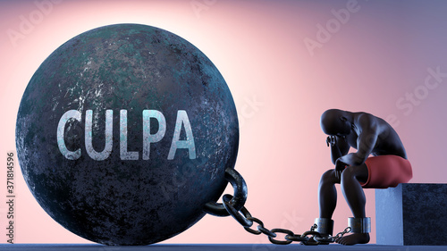 Culpa as a heavy weight in life - symbolized by a person in chains attached to a prisoner ball to show that Culpa can be a sorrow, brings suffering and it is a psychological burden, 3d illustration photo