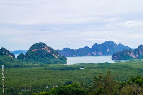 Beautiful landscape of Phang nga Bay with mangrove forest with cloudy sky before a thunderstorm.