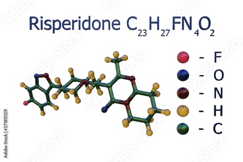 Structural chemical formula and molecular model of risperidone, an atypical antipsychotic. It is used to treat schizophrenia and bipolar disorder. 3d illustration photo