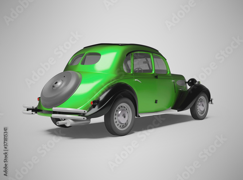 3d rendering of classic green passenger car on gray background with shadow back view