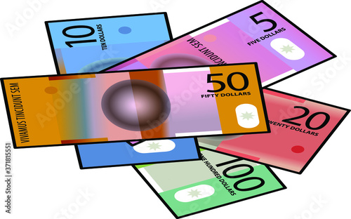 A pile of stylized Australian bank note / paper / polymer money. Isometric view.