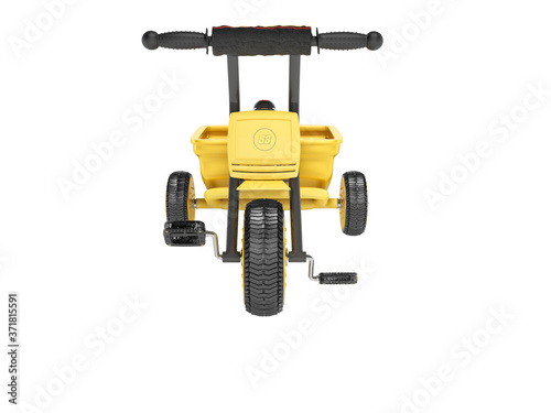 3D rendering yellow tricycle for child with trunk front view on white background no shadow
