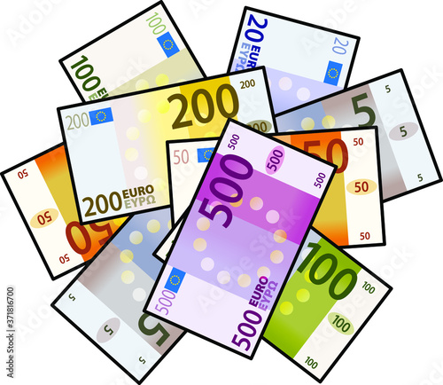 A pile of stylized iconic colourful Euro bank notes / paper money. Top-down flat view.