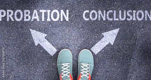 Probation and conclusion as different choices in life - pictured as words Probation, conclusion on a road to symbolize making decision and picking either one as an option, 3d illustration