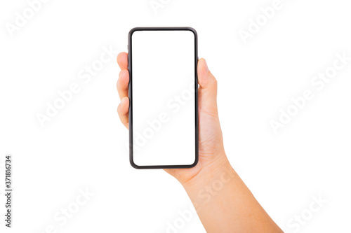 One Hand holding new smartphone on over white background. Smartphone isolate.