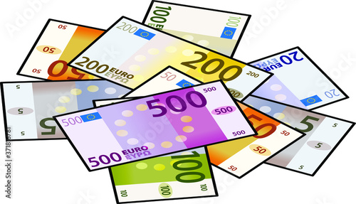 A pile of stylized iconic colourful Euro bank notes / paper money. Isometric view.
