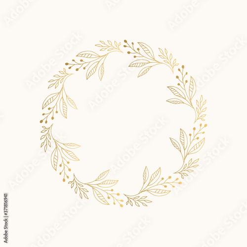 Golden Christmas wreath with nature design elements. Vector isolated illustration.