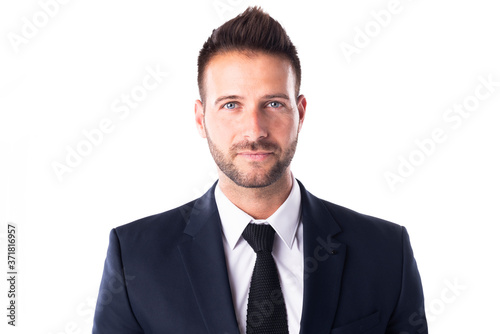 Close-up shot of handsome businessman at isolated white background