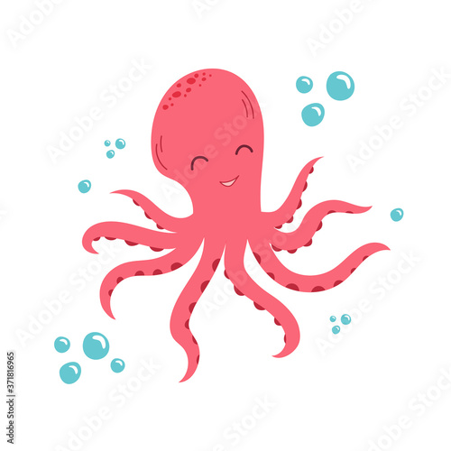 Cartoon happy octopus. Cute doodle illustration on white background. Funny smiling octopus, character vector illustration. Design for children books, t-stirt, hoody, placard, textiles.