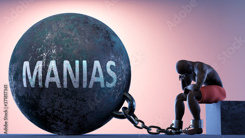 Manias as a heavy weight in life - symbolized by a person in chains attached to a prisoner ball to show that Manias can be a sorrow, brings suffering and it is a psychological burden, 3d illustration photo