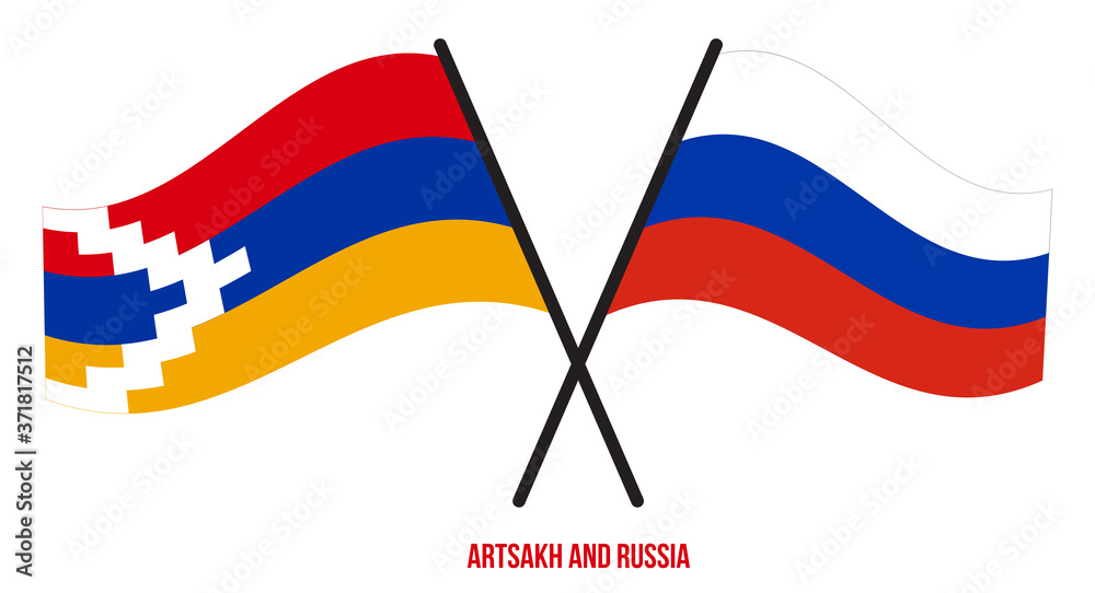 Artsakh and Russia Flags Crossed And Waving Flat Style. Official Proportion. Correct Colors. Artsakh and Russia Flags Crossed And Waving Flat Style. Official Proportion. Correct Colors.