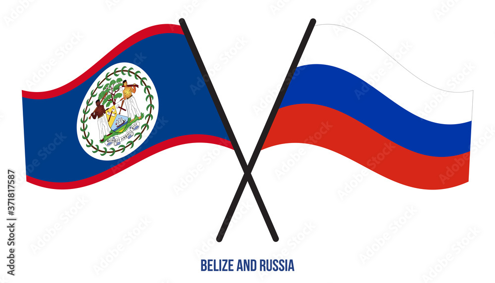 Belize and Russia Flags Crossed And Waving Flat Style. Official Proportion. Correct Colors.