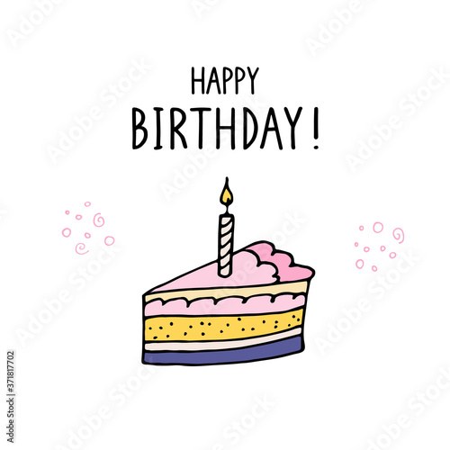 Happy birthday party card. Festive positive design. Vector handdrawn illustration isolated on white background. Greeting cards template with lettering