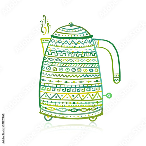 Teapot or electric kettle isolated on white. Household appliances. Electronic device. Ethnic design ornament. Home appliances