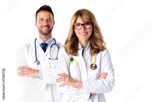 Medical team standing at isolated white background