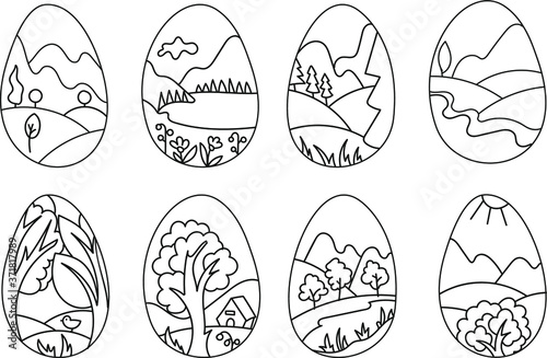 Easter eggs coloring for kids line art nature mountains landscape decoration
