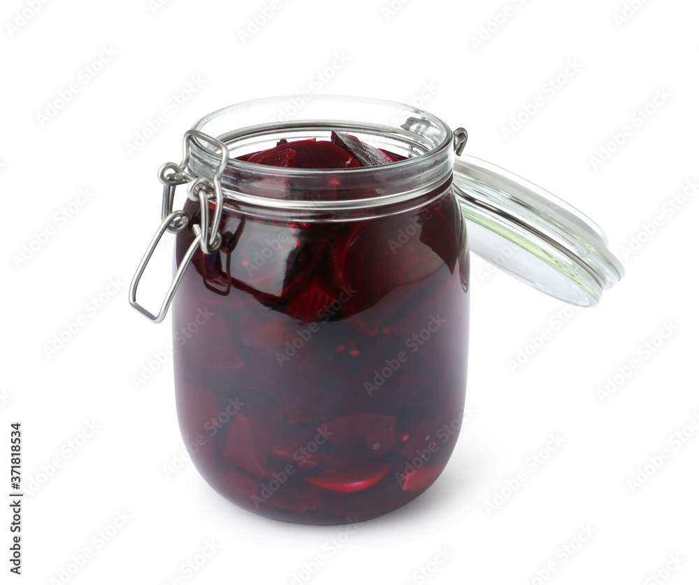 Pickled beets in glass jar isolated on white Pickled beets in glass jar isolated on white