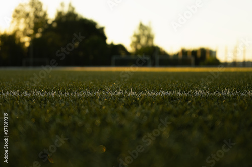 White line on the artificial grass of the football field close-up