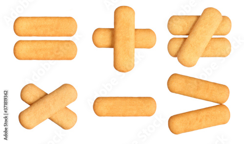 Six mathematical signs made of stick biscuits. Fun and educational. Food isolated