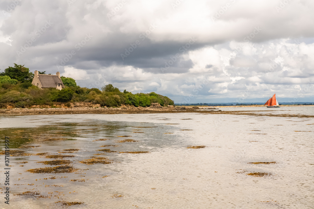 Brittany, panorama of the Morbihan gulf, view from the Ile aux Moines, with a traditional boat