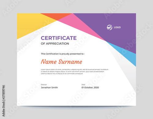 Abstract colored blue, pink, purple and Yellow shapes certificate design template