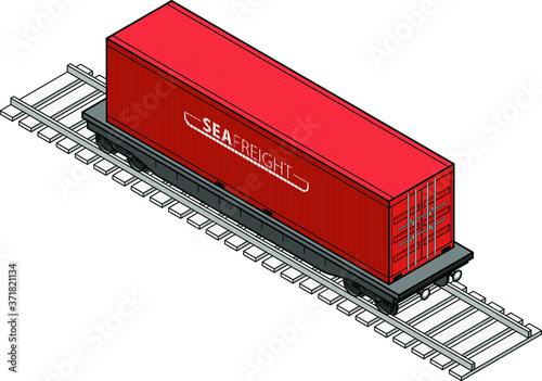 A rail freight car with a large red shipping container.