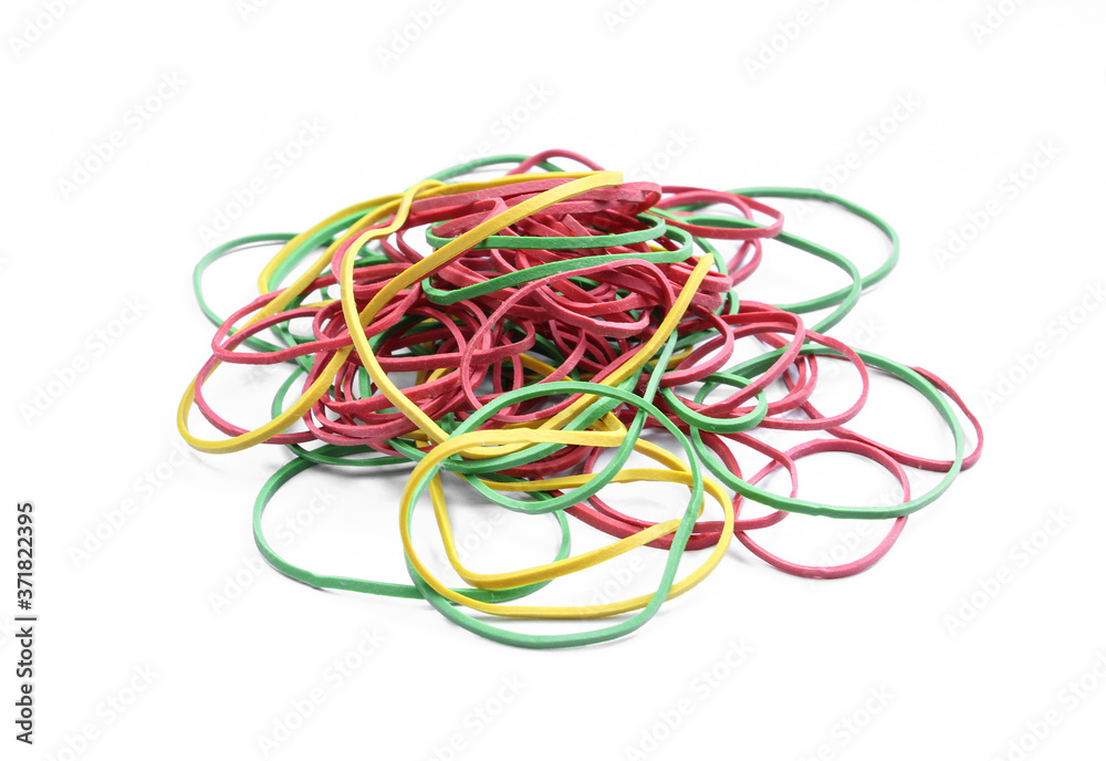 Bunch of colorful rubber bands isolated on white background. 