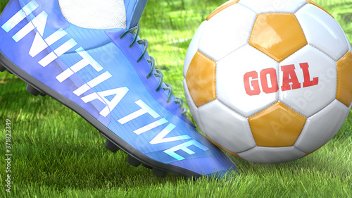Initiative and a life goal - pictured as word Initiative on a football shoe to symbolize that Initiative can impact a goal and is a factor in success in life and business  3d illustration