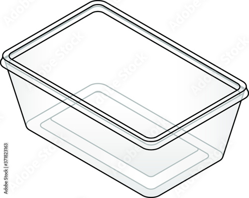 A deep rectangular clear plastic takeaway food container.