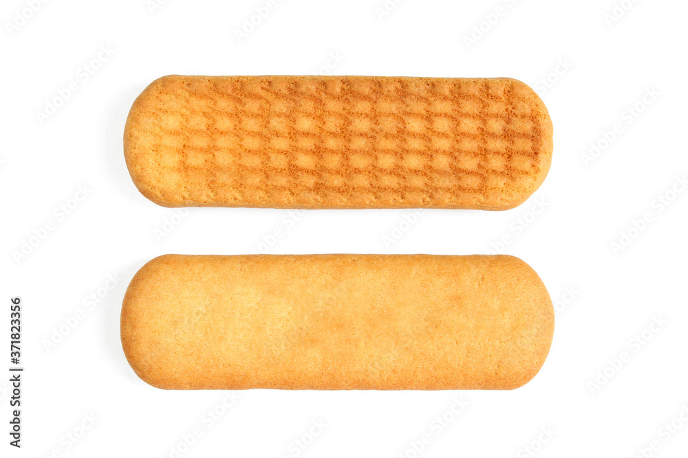 Two sides of orange stick biscuit isolated on white background - obrazy, fototapety, plakaty 