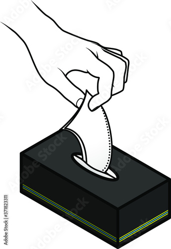 Hand pulling a tissue from a big box of tissues in black masculine packaging.