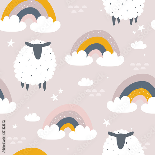 Sheeps, rainbow, hand drawn backdrop. Colorful seamless pattern with animals, sky. Decorative cute wallpaper, good for printing. Overlapping background vector