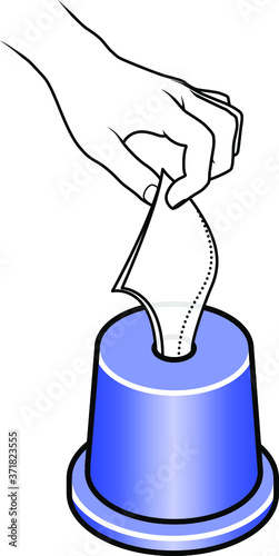 Hand pulling a tissue from a blue table top tissue roll dispenser.