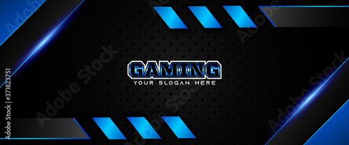Futuristic blue and black abstract gaming banner design with metal technology concept. Vector illustration can use for business corporate promotion, game header social media, live streaming wallpaper
