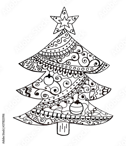 Christmas Tree hand drawn coloring book pattern. Black ornamental Christmas item on white background. Xmas. Uneven line