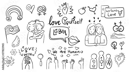 LGBTQ concept black and white line art hand draw doodle style illustration. Lesbian, Gay, Bisexual, Transgender, Queer