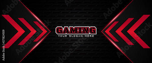 Futuristic red and black abstract gaming banner design with metal technology concept. Vector illustration can use for business corporate promotion, game header social media, live streaming wallpaper