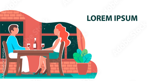 A man and a woman at a table in a cafe. Romantic dinner with glasses of wine. Cozy interior. Banner with place for text. Vector flat illustration.