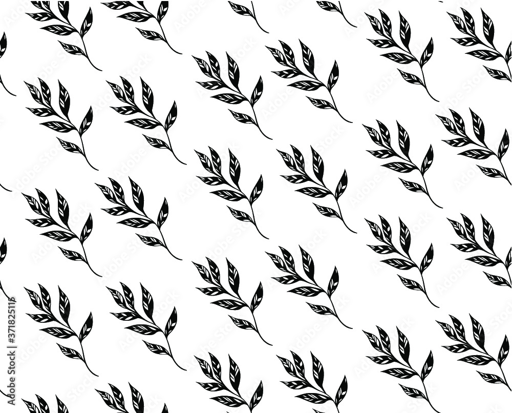 seamless pattern with black and white leaves on a white background