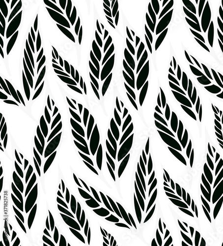 seamless pattern with black and white leaves on a white background