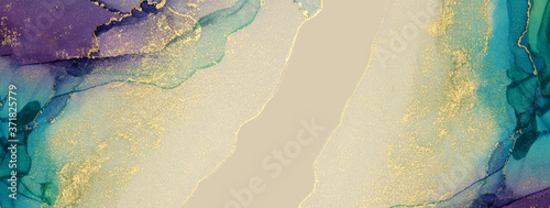 Abstract blue, violet and gold glitter color background. Marble texture. Alcohol ink colors.