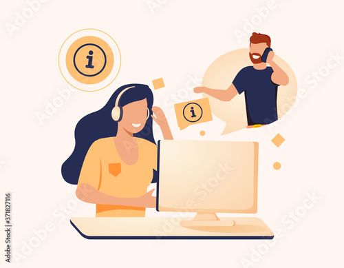 Woman with headset is sitting at her computer and talking with client. Clients assistance, call center, hotline operator